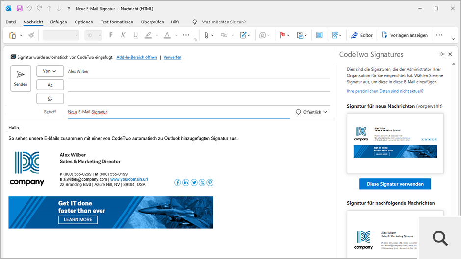 CodeTwo fügt Signaturen automatisch entweder in der Cloud (nachdem eine E-Mail gesendet wurde) oder über ein spezielles Add-In direkt in Outlook (Desktop, Mobile und OWA) beim Verfassen von E-Mails hinzu.