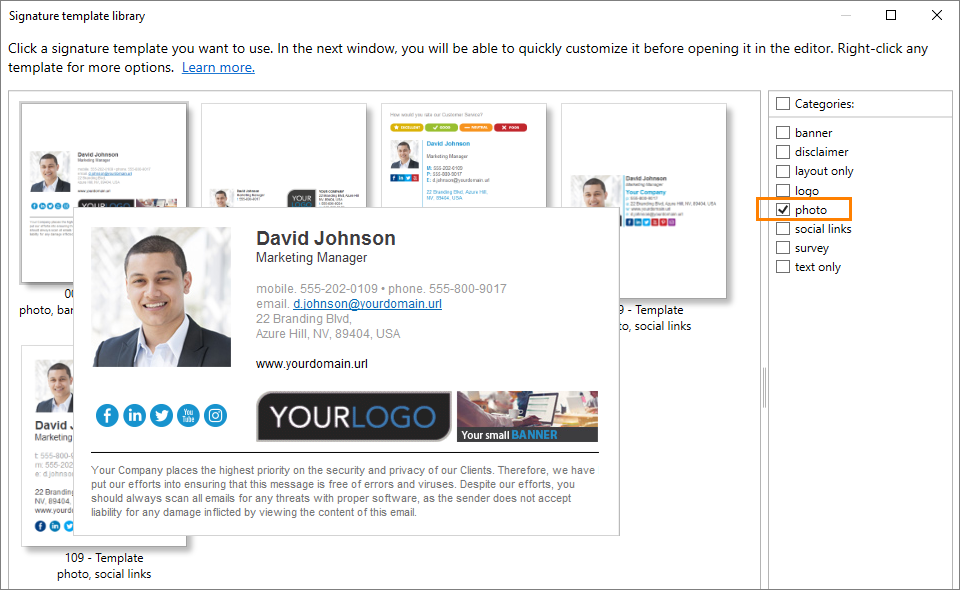 E-Mail-Signaturvorlage mit Office 365-Bild auswählen