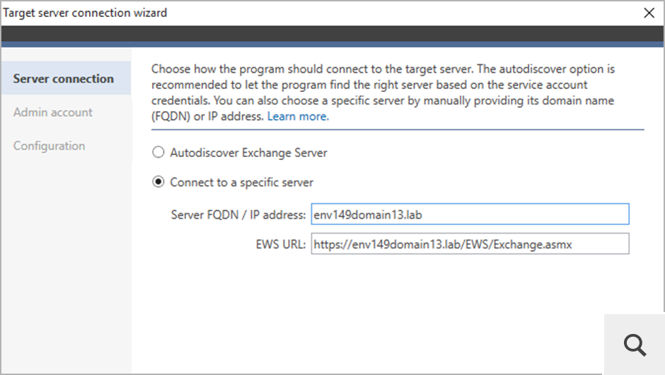 Bei einer Cross-Forest-Migration wird die Verbindung mit dem Zielserver via EWS hergestellt. In diesem Fall müssen Sie die EWS URL des Zielservers konfigurieren.