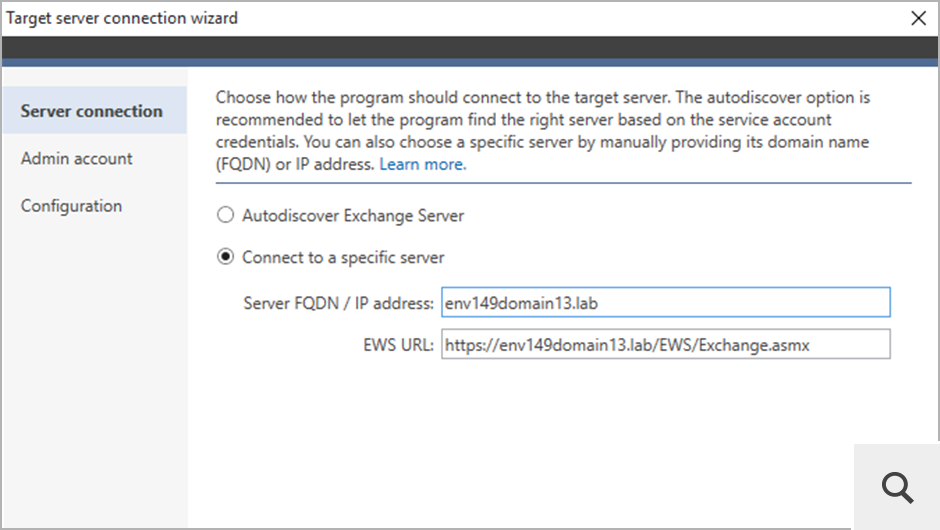 Bei einer Cross-Forest-Migration wird die Verbindung mit dem Zielserver via EWS hergestellt. In diesem Fall müssen Sie die EWS URL des Zielservers konfigurieren.