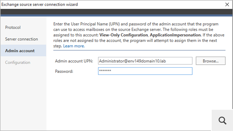 Beim Verbinden zum lokalen Exchange werden Sie aufgefordert, den UPN des Administratorkontos einzugeben, mit dem auf Ihre Postfächer zugegriffen wird. Fehlen diesem Konto Berechtigungen, weist das Programm diese automatisch zu.