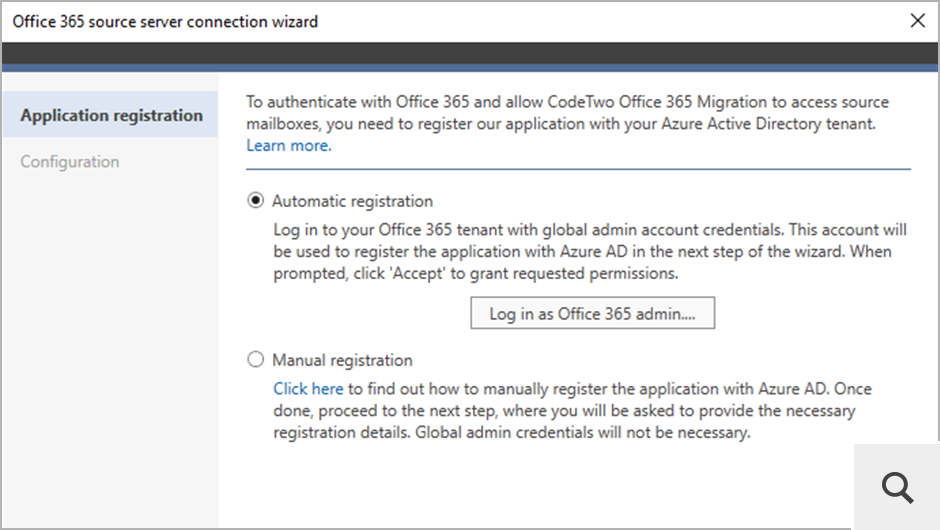 Das Programm speichert oder nutzt keine Anmeldeinformationen, um eine Verbindung zu Office 365 (Microsoft 365) herzustellen. Stattdessen registriert sich CodeTwo Exchange Migration zum Herstellen der Verbindung automatisch im Entra ID (Azure AD) Ihres Office-365-Quelltenants.