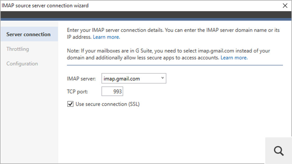 Um das Programm an den IMAP-Quellserver anzubinden, tippen Sie dessen Adresse ein (oder wählen Sie diese aus dem Dropdown-Menü aus) und befolgen Sie die Anweisungen des Wizards.