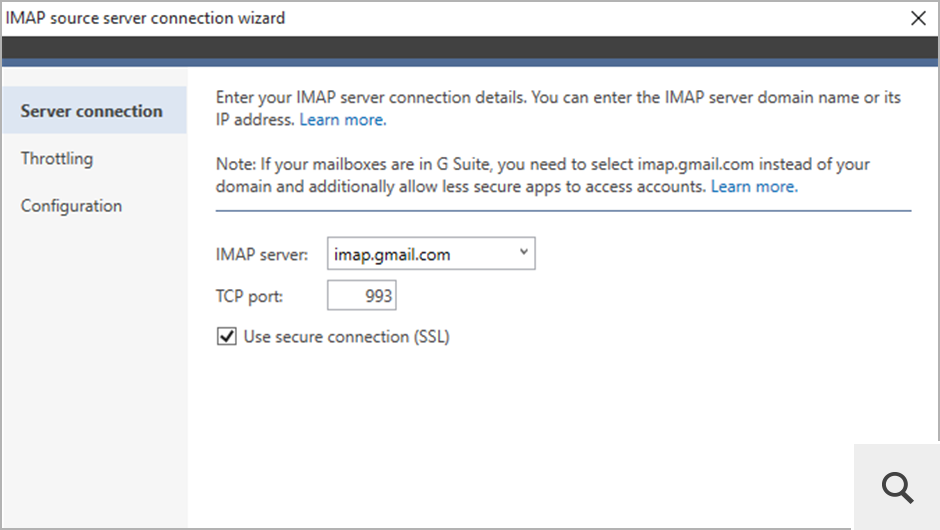 Um das Programm an den IMAP-Quellserver anzubinden, tippen Sie dessen Adresse ein (oder wählen Sie diese aus dem Dropdown-Menü aus) und befolgen Sie die Anweisungen des Wizards.