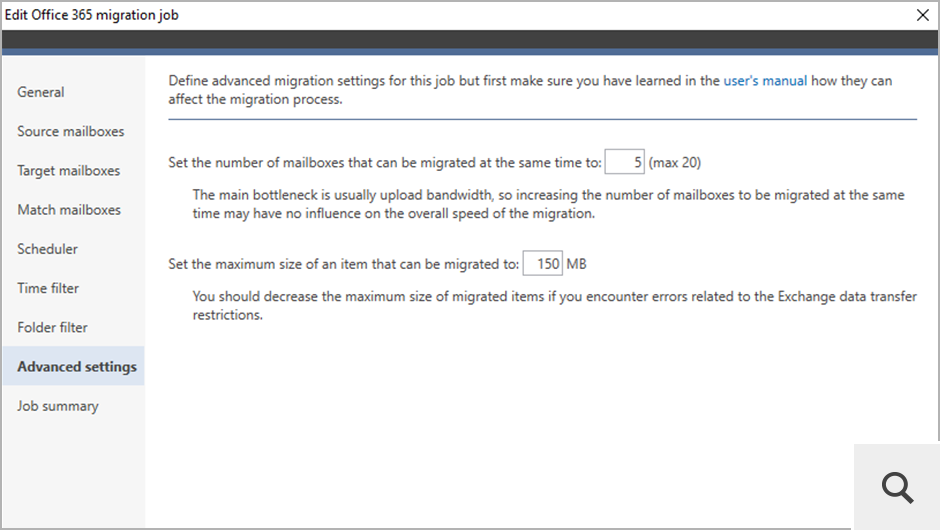 Im Schritt Advanced settings kann der Administrator beispielsweise festlegen, wie viele Postfächer gleichzeitig migriert werden können.
