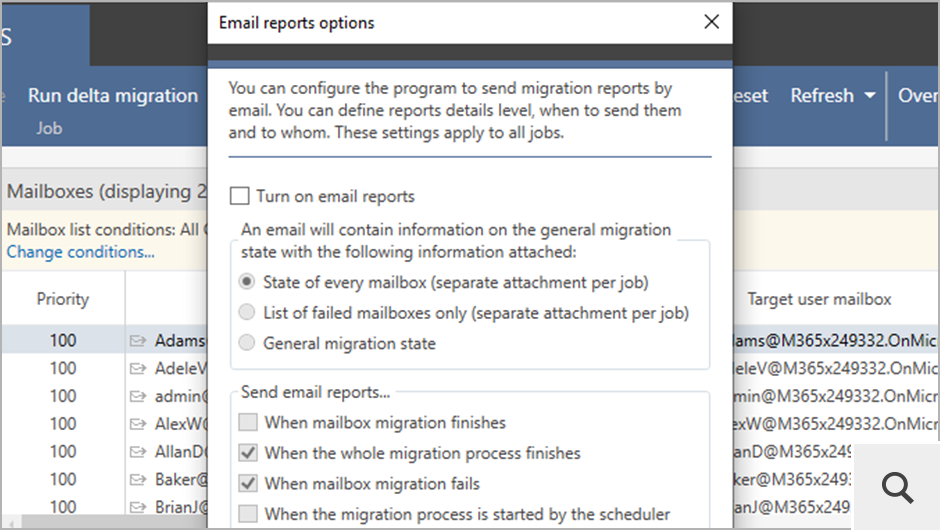 Bei Bedarf können Sie E-Mail-Berichte aktivieren, um Informationen zum Migrationsfortschritt direkt in Ihren Posteingang zu erhalten. Die integrierte Reporting-Funktion kann sehr genau auf Ihre Anforderungen abgestimmt werden.