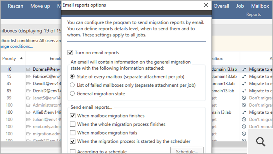 Bei Bedarf können Sie E-Mail-Berichte aktivieren, um Informationen zum Migrationsfortschritt direkt in Ihren Posteingang zu erhalten. Die integrierte Reporting-Funktion kann sehr genau auf Ihre Anforderungen abgestimmt werden.