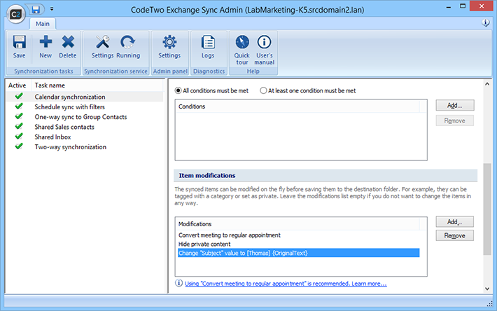 Modifications od synchronized items when using CodeTwo Exchange Sync
