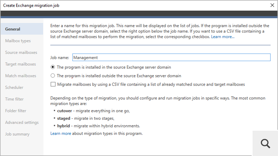 Der Konfigurationsassistent für Migrationsjobs hilft Ihnen dabei, einen neuen Migrationsjob zu erstellen und die zu migrierenden Postfächer auszuwählen. Das Programm ermöglicht Migrationen zu Exchange Server Subscription Edition ausgehend von Exchange 2013 und neueren Versionen, Microsoft 365 sowie von Servern, die IMAP unterstützen (z. B. Google Workspace, Zimbra oder Kopano).