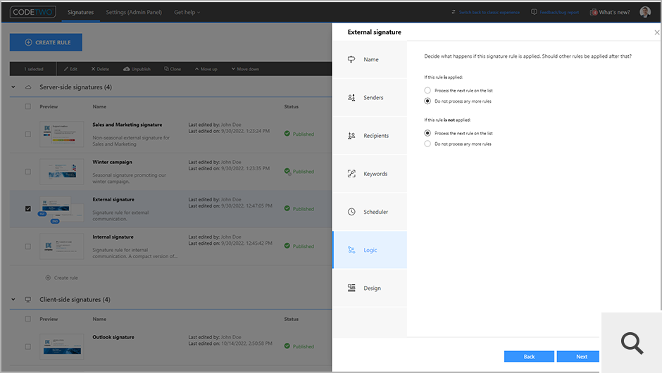 Im Schritt Logic einer serverseitigen Signatur können Sie bestimmen, ob die nächste Regel auf der Liste verarbeitet werden soll, nachdem eine bestimmte Regel bereits angewendet wurde (oder nicht).