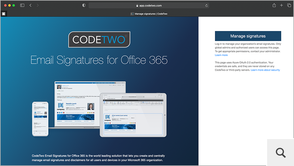 Loggen Sie sich bei app.codetwo.com ein, um (serverseitige und clientseitige) Signaturregeln zu erstellen und E-Mail-Signaturvorlagen zu entwerfen.