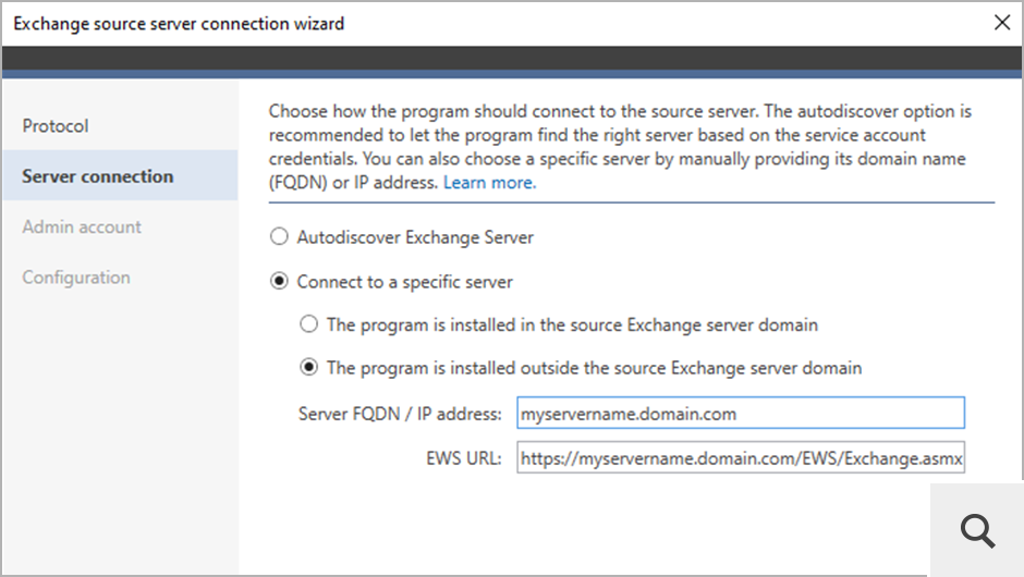 Das Programm kann den Quellserver für die Migration automatisch finden, oder Sie können die Verbindung manuell konfigurieren, indem Sie den FQDN oder die IP-Adresse des Servers angeben.