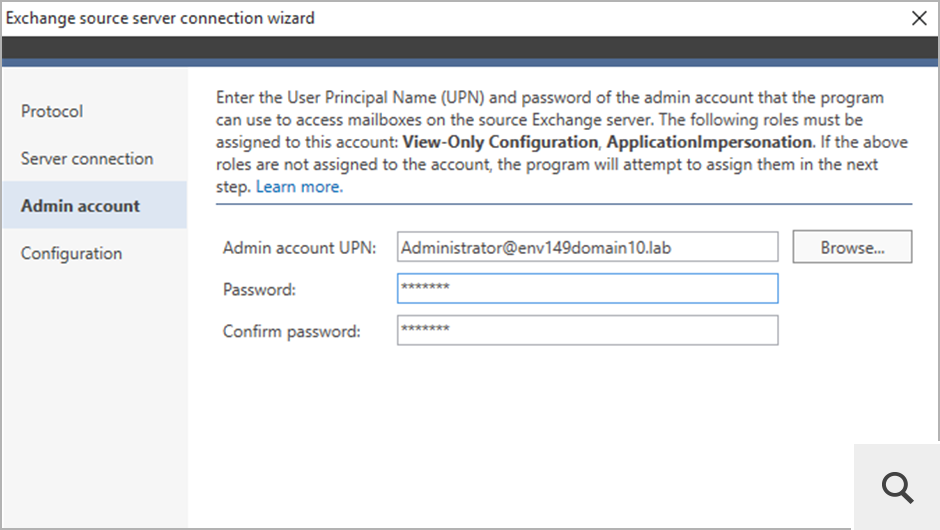 Wenn das Konto, das für die Konfiguration der Verbindung zum Exchange Server (Quellserver) verwendet wird, bestimmte Berechtigungen erfordert, weist das Programm diese automatisch zu.