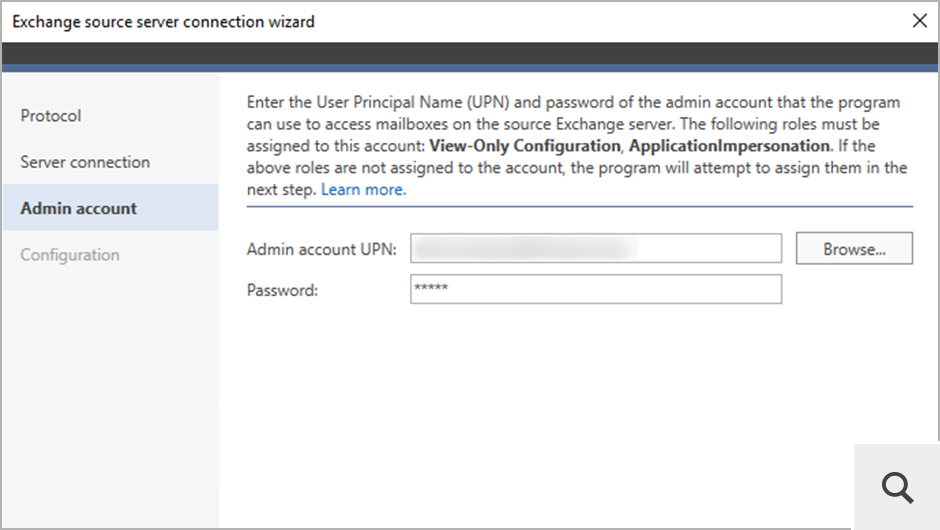 Wenn das Konto, das für die Konfiguration der Verbindung zum Exchange Server (Quellserver) verwendet wird, bestimmte Berechtigungen erfordert, weist das Programm diese automatisch zu.