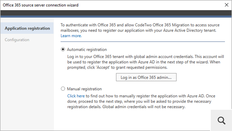 Um eine Verbindung zu Quell- oder Ziel-Office 365 (Microsoft 365) herzustellen, wird CodeTwo Office 365 Migration im Microsoft Entra ID (Azure Active Directory) jedes Tenants registriert, der an den Migrationsprozess beteiligt ist.