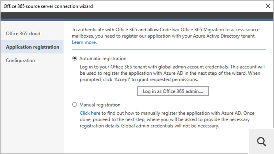 Um eine Verbindung zu Quell- oder Ziel-Office 365 herzustellen, wird CodeTwo Office 365 Migration im Azure Active Directory jedes Tenants registriert, der an den Migrationsprozess beteiligt ist.
