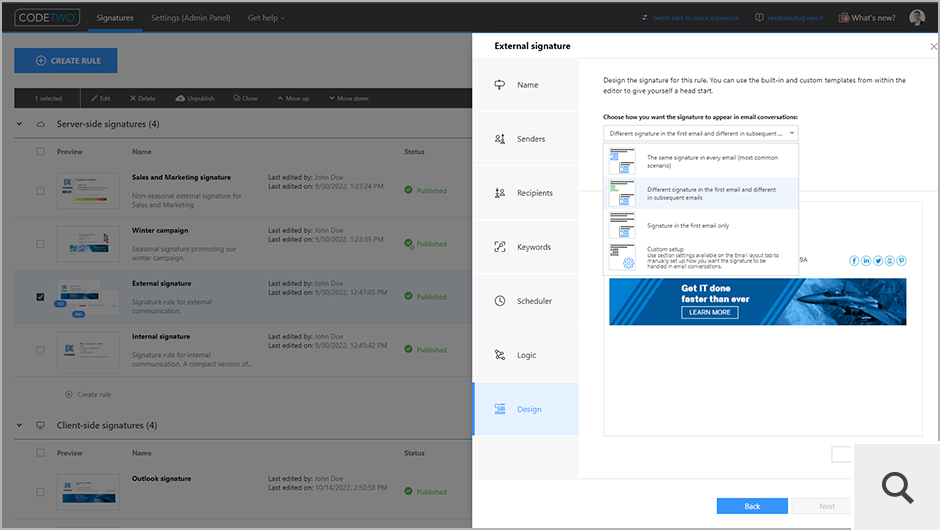 Im Schritt Design können Sie ebenfalls bestimmen, wie serverseitige E-Mail-Signaturen in der Korrespondenz angehängt werden sollen. Das Programm kann zum Beispiel unterschiedliche Signaturen bei neuen und nachfolgenden Nachrichten verwenden.