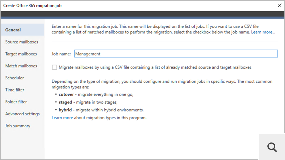 Im Migrationsjob-Wizard können Sie die Quell- und Zielserververbindung aufbauen, Benutzer für die Migration auswählen und verschiedene Filter einstellen.
