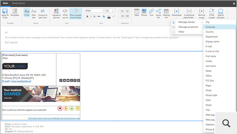 CodeTwo Email Signatures 365 ist mit einem grafischen Editor ausgestattet, der Ihnen problemlose Erstellung von Signaturvorlagen in HTML und deren Konvertierung in das Nur-Text-Format ermöglicht.