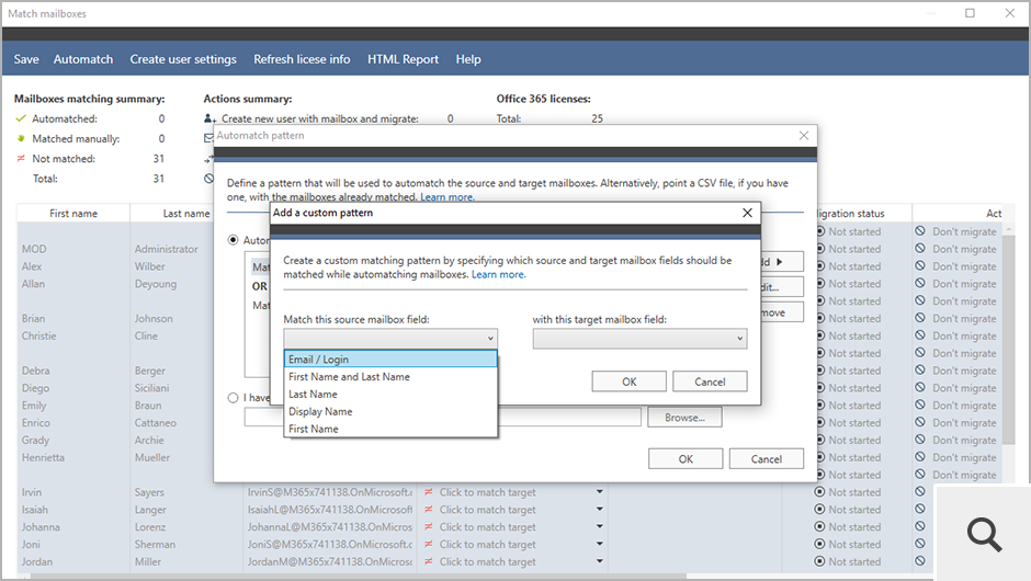 Sie können auch ein benutzerdefiniertes Muster zur Zuordnung von Postfächern definieren. Ihr Muster kann aus mehreren Active Directory-Attributen zusammengesetzt werden.