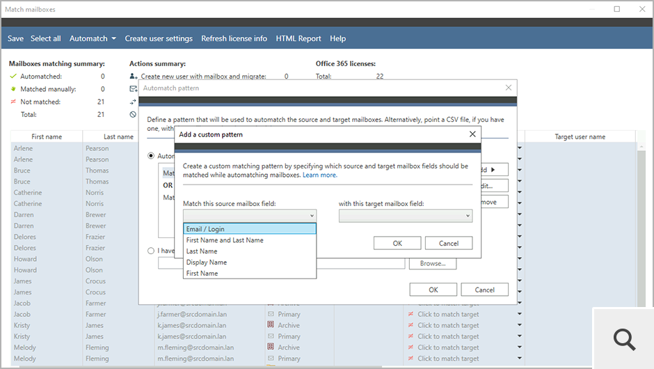 Sie können auch ein benutzerdefiniertes Muster zur Zuordnung von Postfächern definieren. Ihr Muster kann aus mehreren Active Directory-Attributen zusammengesetzt werden.