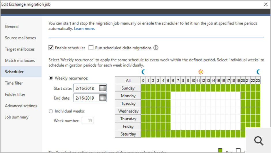 Mit dem integrierten Scheduler können Sie festlegen, an welchen Wochentagen die Migration automatisch ausgelöst werden soll. Er kann auch automatische Delta-Migrationen ausführen.