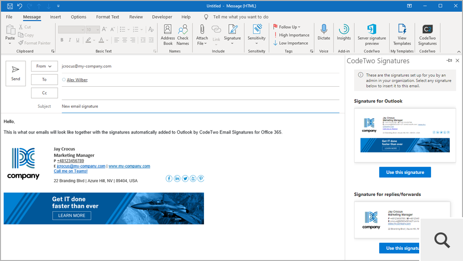 Im clientseitigen Modus erhalten Benutzer Zugriff auf Signaturen direkt in Outlook über ein dediziertes Add-In. Sie werden durch das Programm automatisch in E-Mails eingefügt, können aber auch von Benutzern manuell ausgewählt werden.