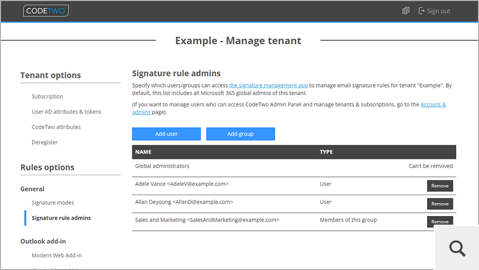 Sie können Benutzer oder Teams auswählen, die Zugriff auf die Signaturregeln in Ihrem Office 365 (Microsoft 365)-Tenant erhalten. So kann das Marketing-Team E-Mail-Signaturen entwerfen und E-Mail-Kampagnen steuern, während die IT-Abteilung sich mit administrativen Aufgaben beschäftigt.