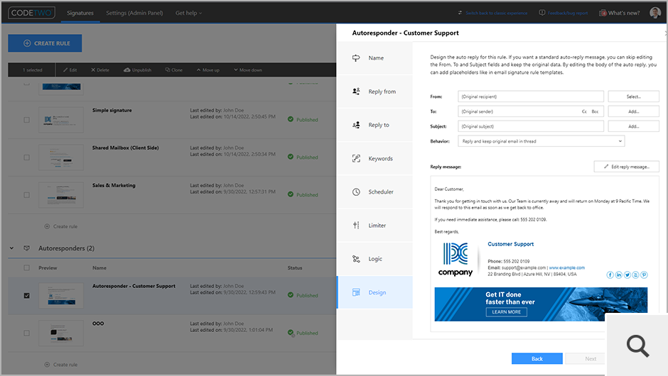 CodeTwo Email Signatures 365 enthält auch die Autoresponder-Funktion, mit der Sie automatische Antworten und Abwesenheitsnachrichten für alle Benutzer in Ihrer Organisation erstellen und verwalten können.