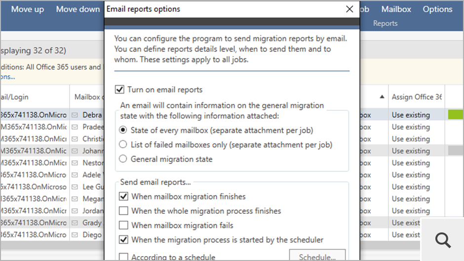 Sie können sich Berichte zum Migrationsstand an Ihre E-Mail-Adresse schicken lassen. Sie können an Ihre Anforderungen angepasst werden.