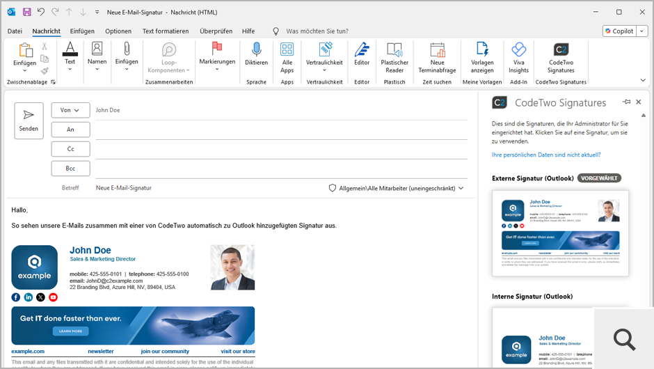 CodeTwo fügt Signaturen automatisch entweder in der Cloud (nachdem eine E-Mail gesendet wurde) oder über ein spezielles Add-In direkt in Outlook (Desktop, Mobile und OWA) beim Verfassen von E-Mails hinzu.