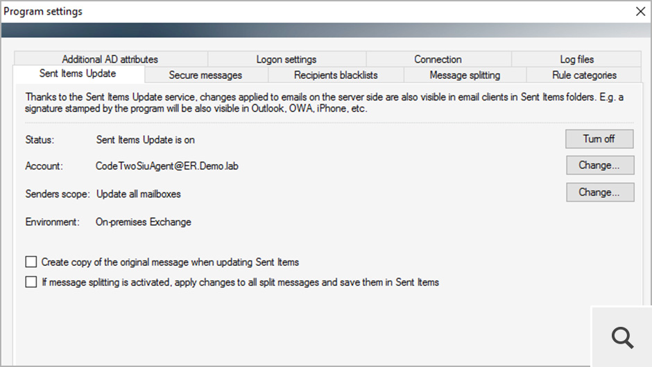 Sobald der Dienst Sent Items Update eingerichtet wurde, kann er in den Programmeinstellungen unter "Sent Items Update" verwaltet werden.