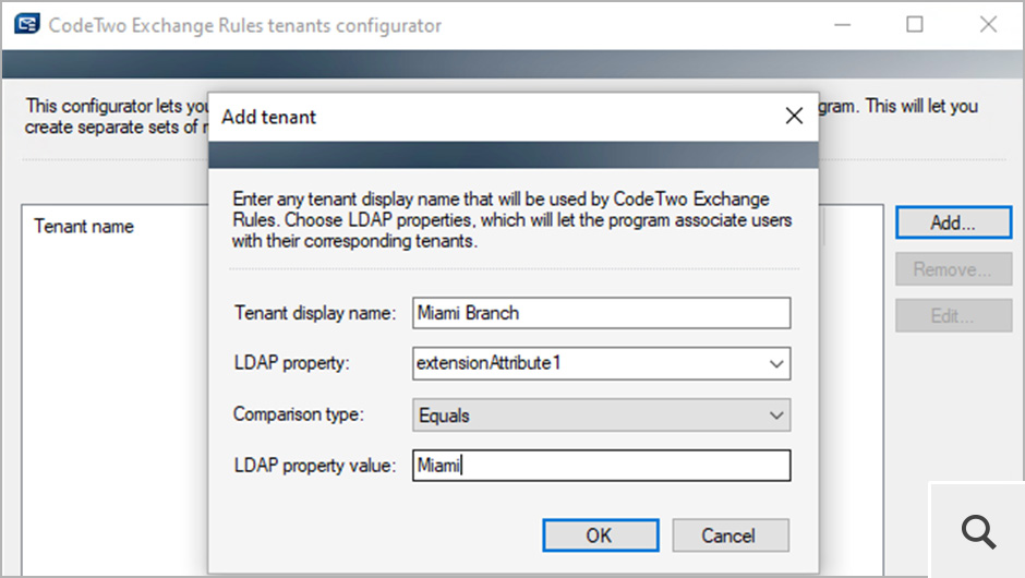 Eine der wichtigsten Funktionen in Version 2.x ist die Unterstützung für Umgebungen mit mehreren Mandanten. Der integrierte Tenant Configurator lässt Sie LDAP-Eigenschaften definieren, die durch das Programm verwendet werden, um einem Mandanten entsprechende Regeln zuzuordnen.