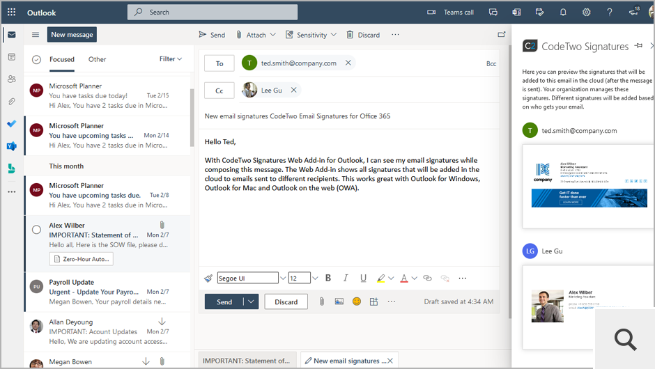 Endbenutzer können sich ihre serverseitigen (Cloud-)Signaturen in Echtzeit in Outlook, Outlook im Web (OWA) und Outlook für Mac ansehen, indem sie das moderne Web-Add-In verwenden, welches zentral über das Microsoft 365 Admin Center bereitgestellt werden kann.