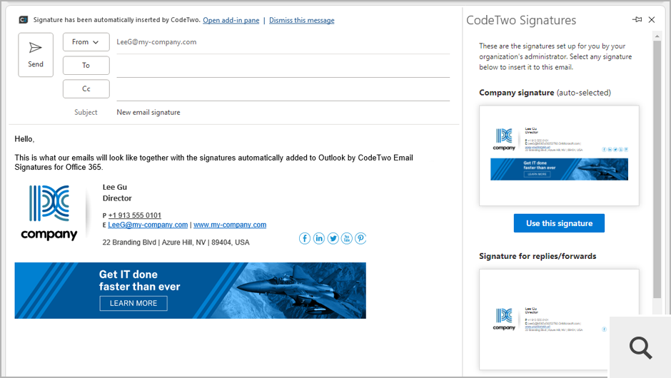 Im clientseitigen Modus erhalten Benutzer Zugriff auf Signaturen direkt in Outlook über ein dediziertes Add-In. Sie werden durch das Programm automatisch in E-Mails eingefügt, können aber auch von Benutzern manuell ausgewählt werden.