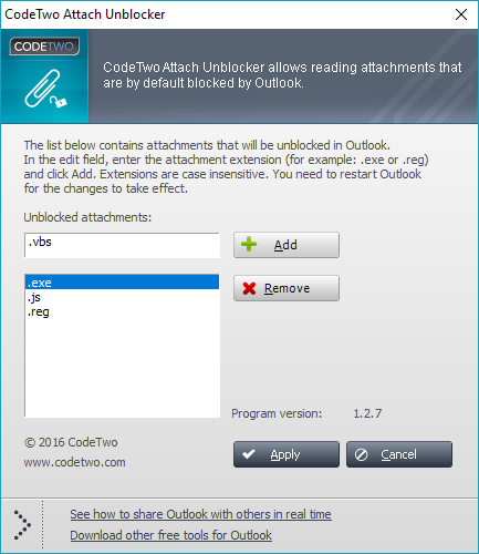 CodeTwo Attach Unblocker Main Window