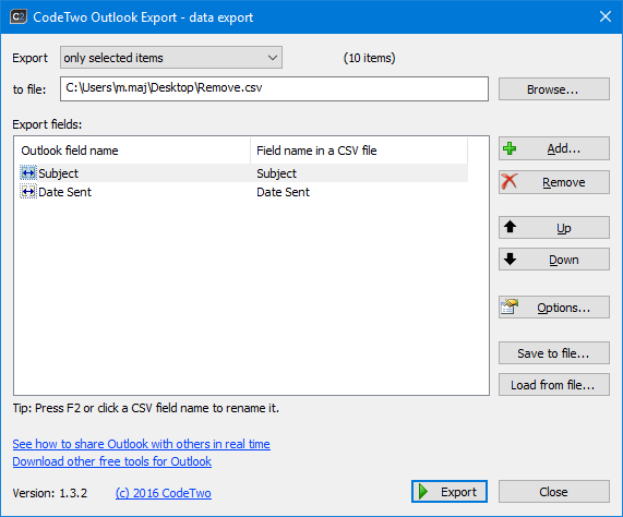 Outlook data export