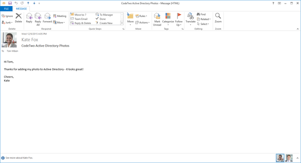 Bild aus dem Active Directory, angezeigt in einer E-Mail in Outlook 2013.