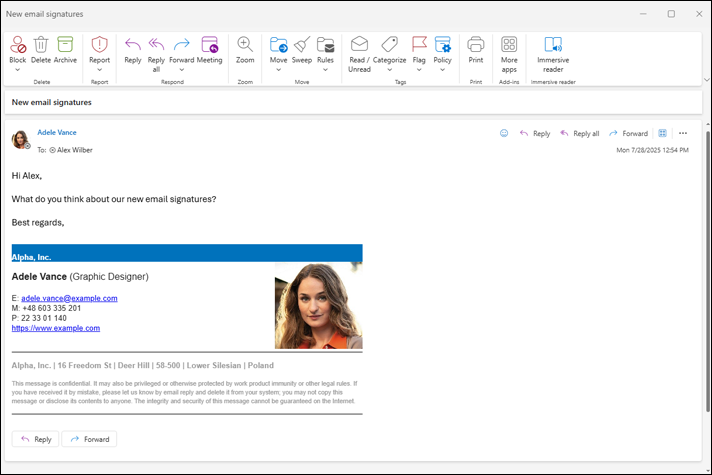CodeTwo Email Signatures On-prem fügt das Bild des Absenders automatisch in dessen Signatur ein.