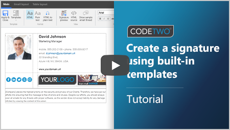 <span style="font-family: segoe ui,Frutiger,frutiger linotype,Dejavu Sans,helvetica neue,Arial,sans-serif">Tutorial von CodeTwo: Entwerfen einer E-Mail-Signatur in 2 Minuten mit integrierten Vorlagen</span>