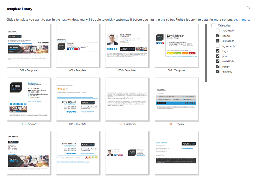 Signature template library
